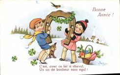 CPA Fantaisie Illustrateur Jim Patt Enfant Fer a cheval Chien