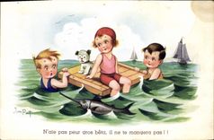 VINTAGE POSTCARD Fantasy Illustrator Jim Patt Children Dog Swordfish