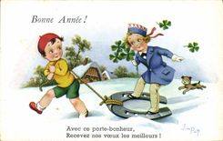 VINTAGE POSTCARD Fantaisie Illustrator Jim Patt Enfants Horseshoe Chien