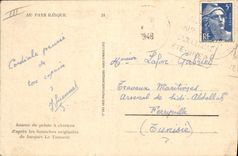 El jugador del Pays Basque del folklore de la POSTAL de la VENDIMIA de la bola tiene Chistera según las gouaches originales de Jacques el Tanner