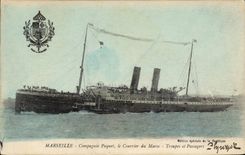 VINTAGE POSTCARD Boat Steamer Marseilles Company Package mail of Morocco Troops and passengers