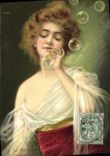 VINTAGE POSTCARD Fantasy Illustrator Woman Bubbles of soap