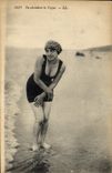 VINTAGE POSTCARD Woman Bathing suit While waiting for the wave