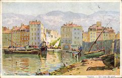 VINTAGE POSTCARD Fantasy Illustrator Casimir Raymond Toulon a corner of the port Boats