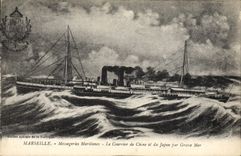 VINTAGE POSTCARD Boat Steamer Marseilles Maritime Transport mail of China and Japan by heavy sea