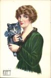 VINTAGE POSTCARD Fantasy Illustrator Rappini Woman Cat Kitten