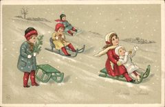 VINTAGE POSTCARD Fantasy Illustrator Agnes Richardson Children Toboggan