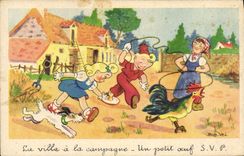 VINTAGE POSTCARD Fantasy Illustrator Rob Vel Children Cock Hen Dog