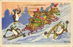 CPA Fantaisie Illustrateur Rob Vel Ours Luge pingouin