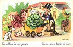 VINTAGE POSTCARD Fantasy Illustrator Rob Vel Children Dog Cock Cabbage