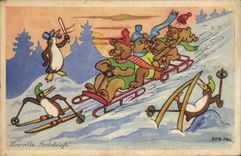 CPA Fantaisie Illustrateur Rob Vel Ours Luge pingouin