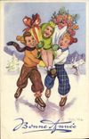 VINTAGE POSTCARD Fantaisie Illustrator Children Ice-skating has ice