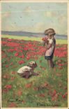 VINTAGE POSTCARD Fantasy Illustrator Redon Children Flowers of the fields