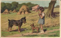 VINTAGE POSTCARD Fantasy Illustrator Redon Child Dogs