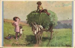 CPA Fantaisie Illustrateur Redon Enfants Ane Mule La rentree des foins