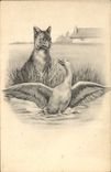 VINTAGE POSTCARD Illustrator Fox goose