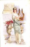 CPA Illustrateur Femme Harpe