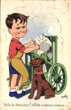 VINTAGE POSTCARD Illustrator Child dog (in relief)