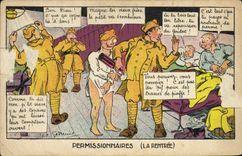 VINTAGE POSTCARD Fantasy Militaria Persons on leave the re-entry