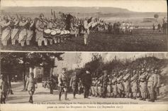 VINTAGE POSTCARD the king of Italy accompanies by the President of the Republic reviews the flags of Verdun 1917