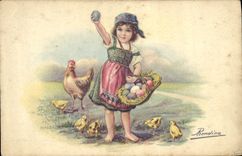 VINTAGE POSTCARD Fantasy Illustrator Child Hens