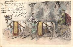 VINTAGE POSTCARD Fantasy Illustrator Roman chariot Horses Horse Christ Cross Christians