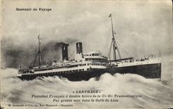 VINTAGE POSTCARD Bateau French Steamer has double helix of the Co Gle Transatlantique Carthage