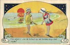 VINTAGE POSTCARD Illustrator Children with the beach