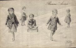 VINTAGE POSTCARD Illustrator Children Toboggan