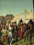 VINTAGE POSTCARD Hans Memling Drives out co. Ursule Bruges Tir with the arc