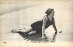 VINTAGE POSTCARD Fantasy Woman Bathing suit Awaiting the wave