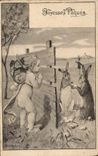 CPA Fantaisie Illustrateur Enfant Ange Lapin Lapins Paques