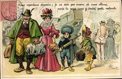 CPA Fantaisie Illustrateur Famille en voyage Enfants