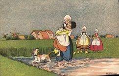 CPA Fantaisie Illustrateur Pays-Bas Folklore Hollande Mad Hermet Moulin a vent Chien