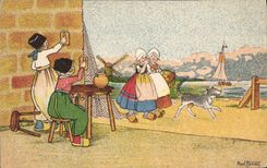 CPA Fantaisie Illustrateur Pays-Bas Folklore Hollande Mad Hermet Moulin a vent Chien
