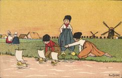 VINTAGE POSTCARD Fantasy Illustrator Netherlands Folklore Netherlands Mad Hermet Windmill Children