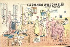 VINTAGE POSTCARD Militaria first days of a physical blue Examination