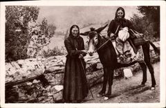 CPA Folklore Pyrenees Femmes du pays allant au marche Ane Mule