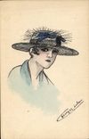 CPA Fantaisie Illustrateur Femme Chapeau Coiffe
