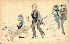 VINTAGE POSTCARD Fantasy Illustrator Woman in wheelbarrow