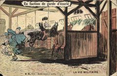 CPA Fantaisie Militaria En faction de garde d'ecurie Cheval Ecuries
