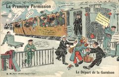 CPA Fantaisie Militaria La premiere permission Train Le depart de la garnison