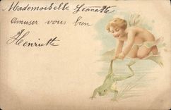 VINTAGE POSTCARD Frog Toad Child Angel