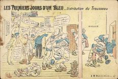 VINTAGE POSTCARD Militaria first days of a blue Distribution of the trousseau