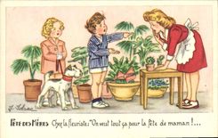 VINTAGE POSTCARD Fantaisie Illustrator Children Mother's Day Dog