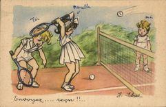 VINTAGE POSTCARD Fantasy Illustrator Children Tennis