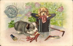 CPA Fantaisie Tabac Cigare chien Chiot