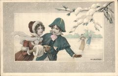 VINTAGE POSTCARD Fantaisie Illustrator Woman Kratky Iceskates