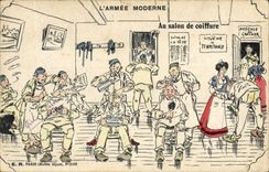 CPA Militaria Au salon de coiffure 