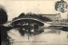 VINTAGE POSTCARD Trawl-nets on the Marne Footbridge on the canal Barge Boat